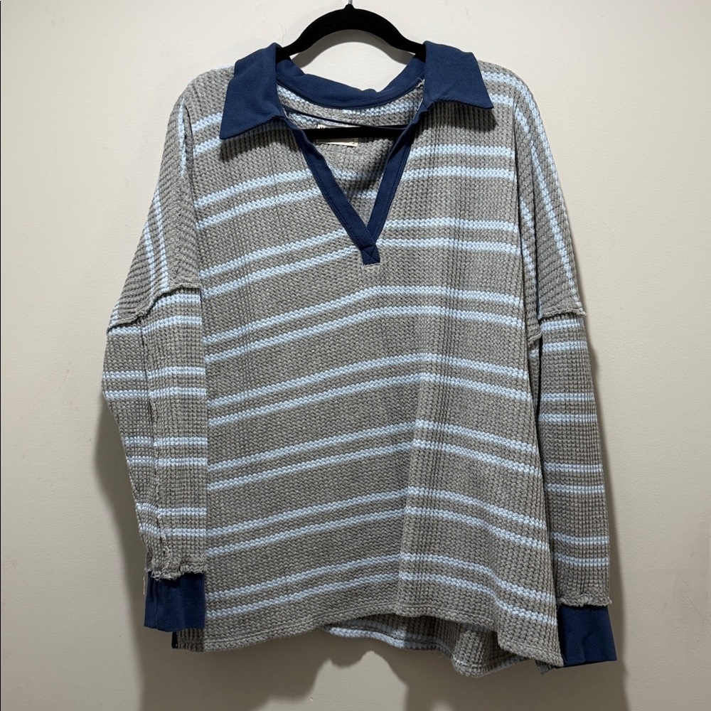 We The Free Striped Travis Polo Tee Heather Grey | Size S | Free People - Picture 2 of 7